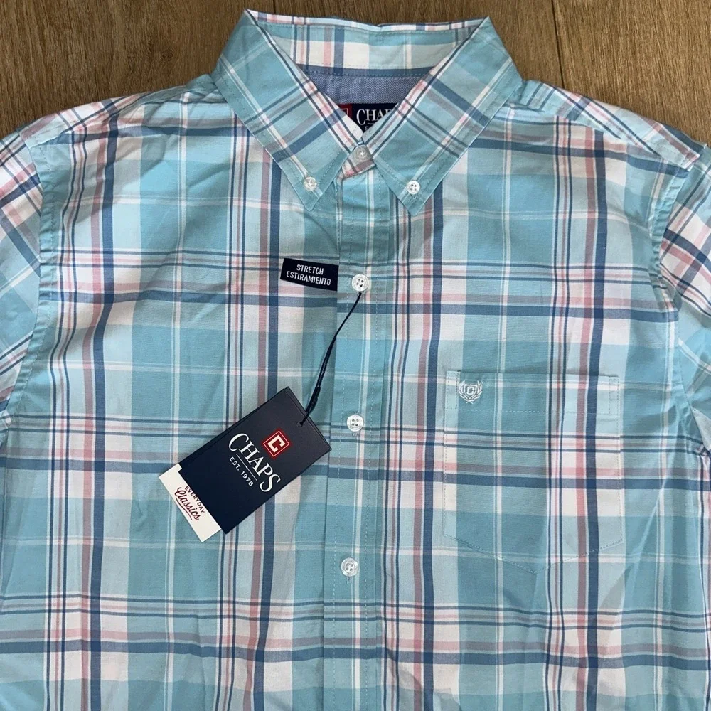 Chaps Men's Everyday Classic S/S Button‎ Down Plaid Shirt Pastel Stretch Med NWT